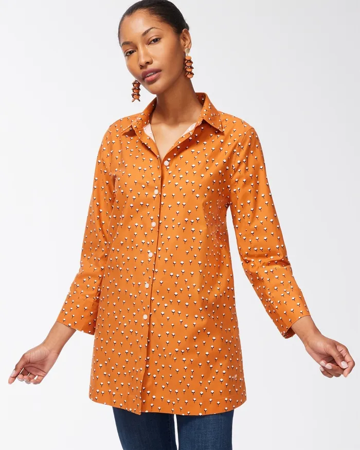 Chico039s No Iron Stretch Floral 34 Sleeve Tunic Burnished Clay Women Tops