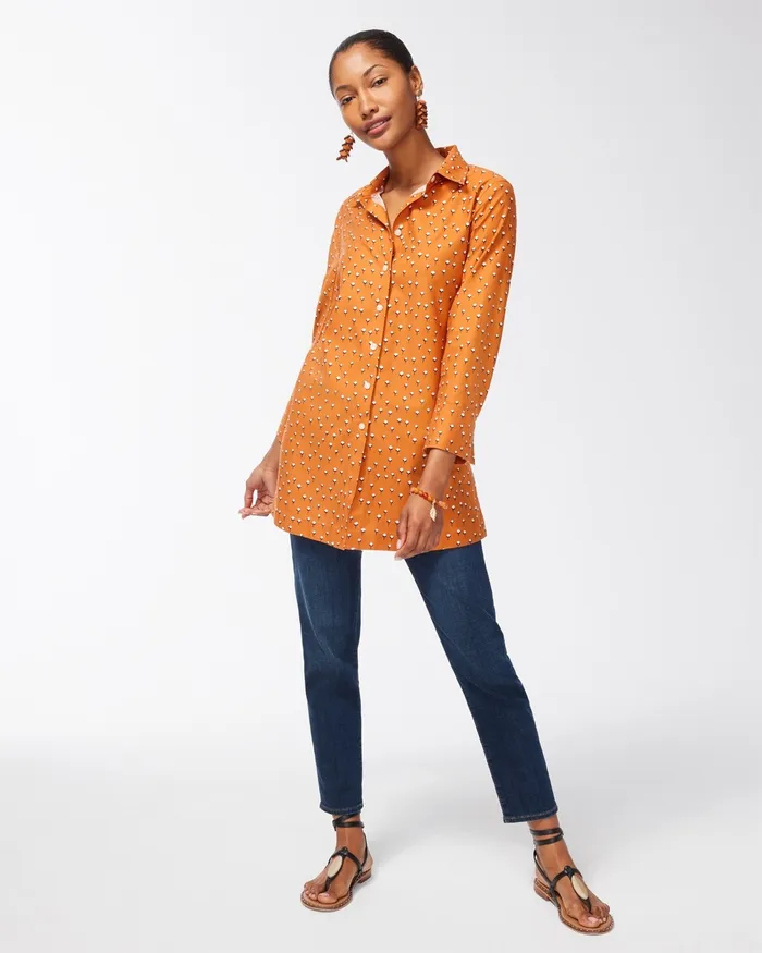Chico039s No Iron Stretch Floral 34 Sleeve Tunic Burnished Clay Women Tops
