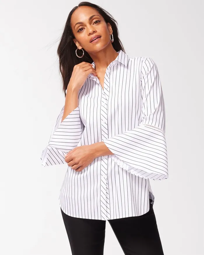 Chico039s No Iron Stretch Stripe Flare Sleeve Tunic Optic WhiteBlack Women Tops