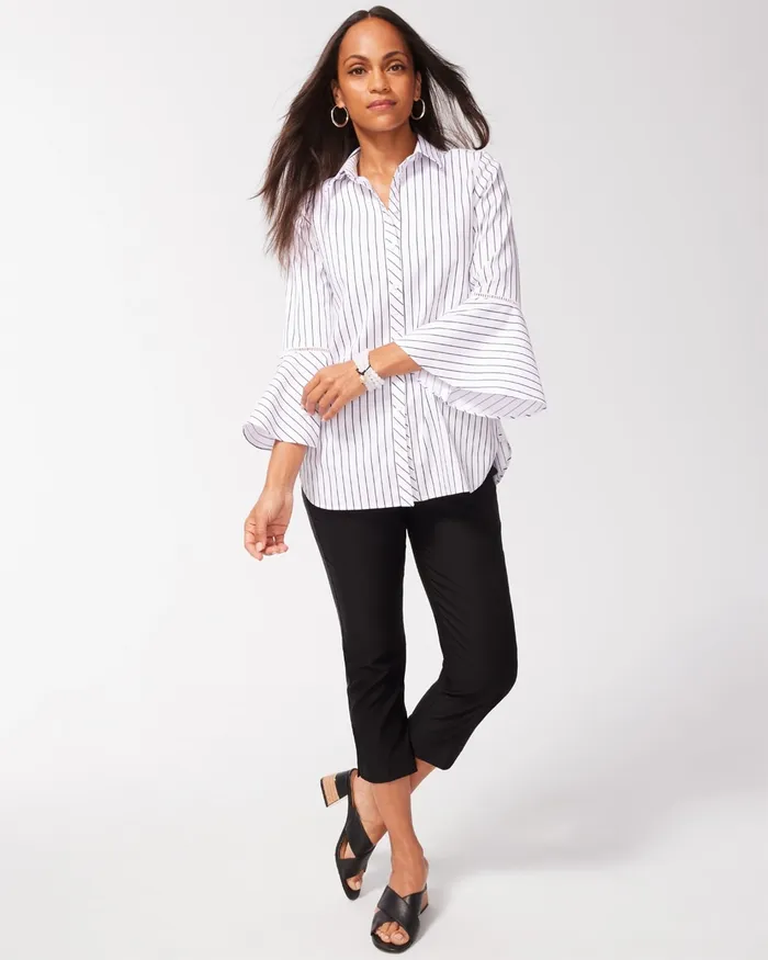 Chico039s No Iron Stretch Stripe Flare Sleeve Tunic Optic WhiteBlack Women Tops