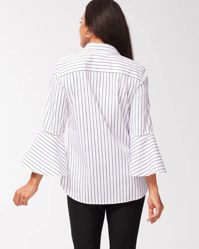 Chico039s No Iron Stretch Stripe Flare Sleeve Tunic Optic WhiteBlack Women Tops