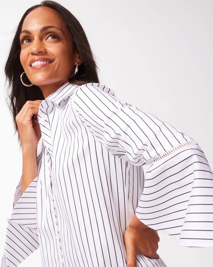 Chico039s No Iron Stretch Stripe Flare Sleeve Tunic Optic WhiteBlack Women Tops