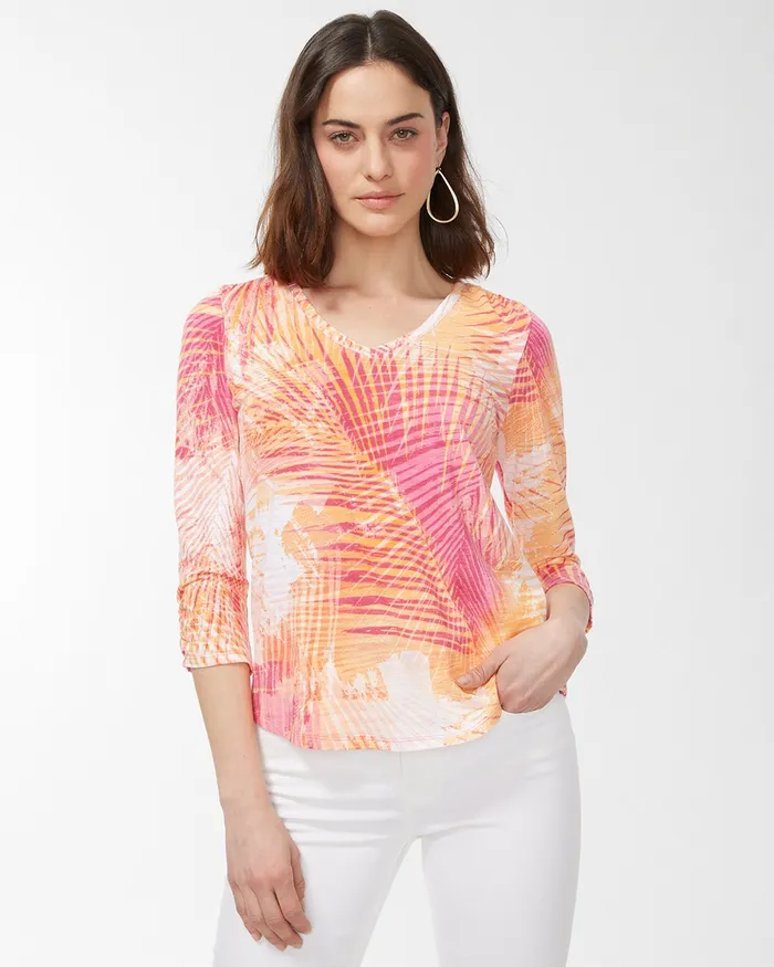Chico039s Palm Print 34 Sleeve Slub Tee Strawberry Margarita Women Tops