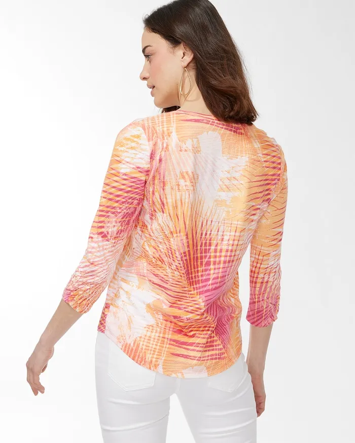 Chico039s Palm Print 34 Sleeve Slub Tee Strawberry Margarita Women Tops