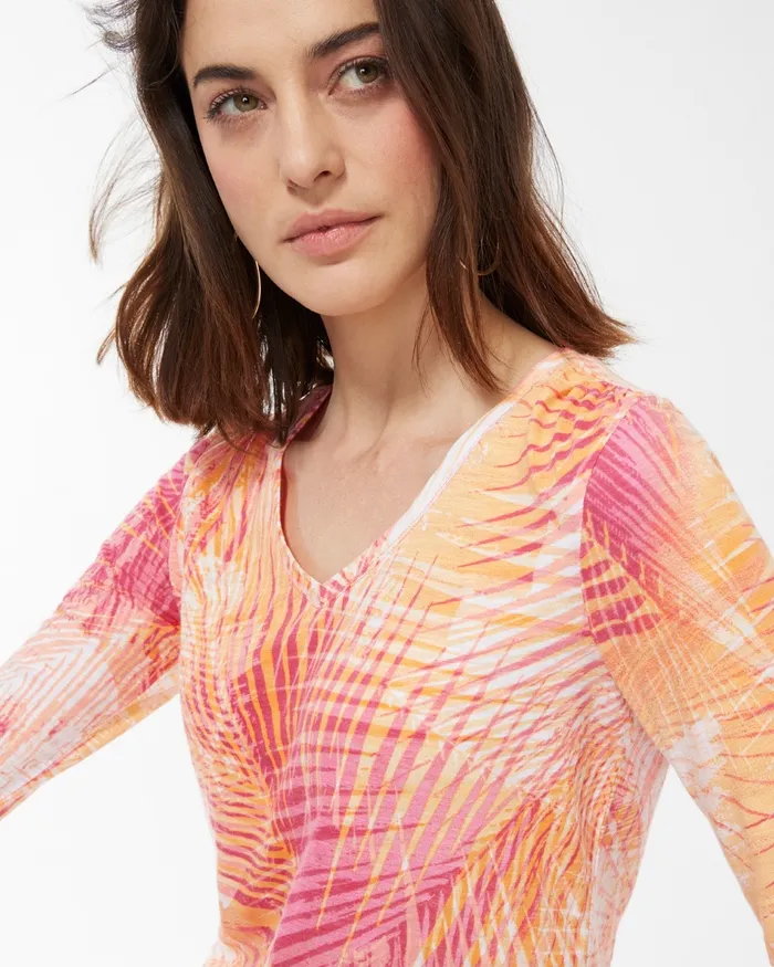 Chico039s Palm Print 34 Sleeve Slub Tee Strawberry Margarita Women Tops