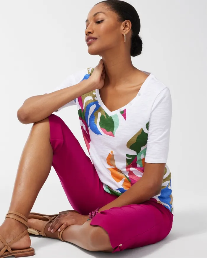 Chico039s Palms Button Detail Cotton Slub Tee Alabaster Women Tees