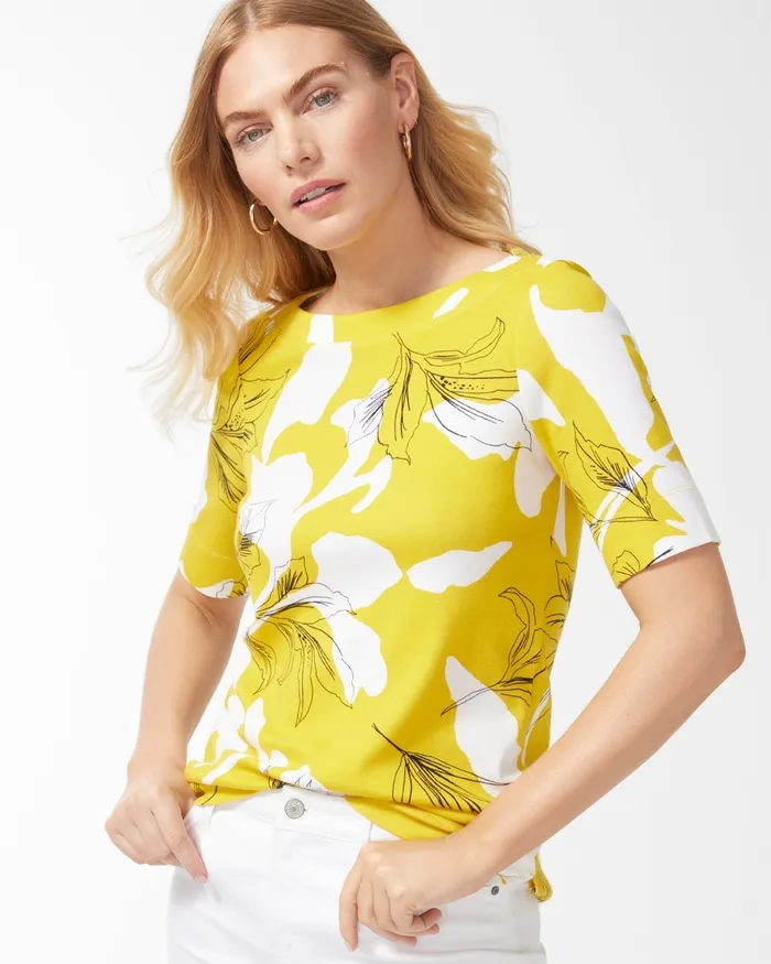 Chico039s Pima Everyday Floral Print Tee Pineapple Fizz Women Tops