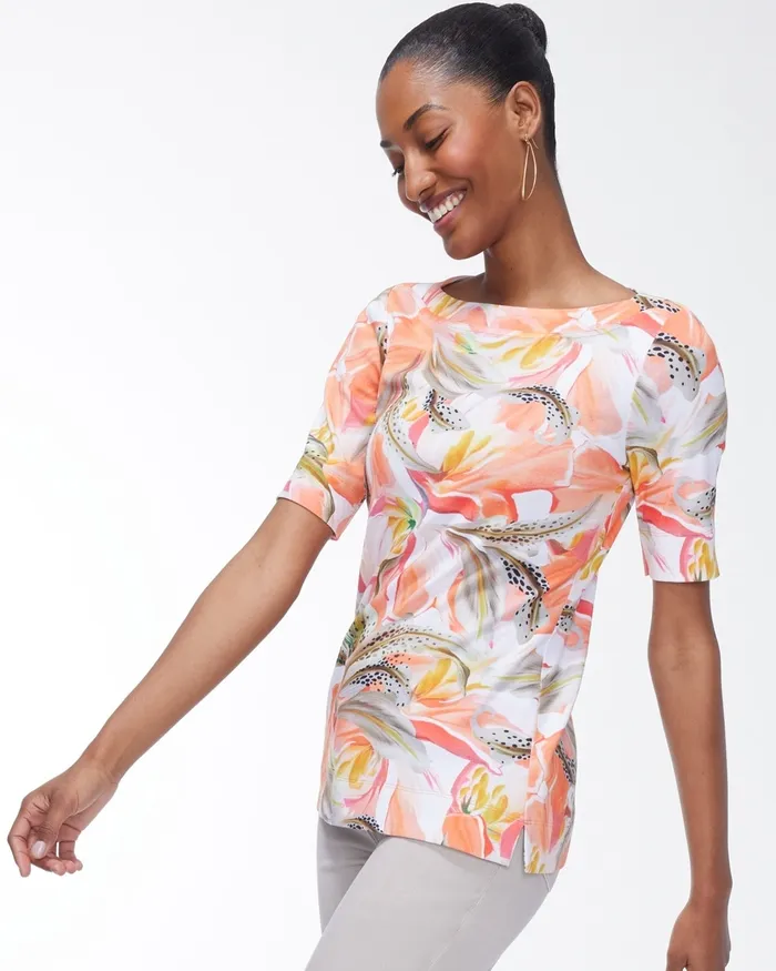 Chico039s Pima Tiger Lily Print Everyday Tee Mango Ice Women Tops