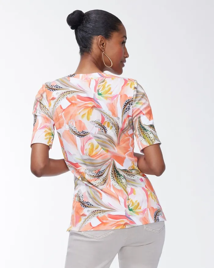 Chico039s Pima Tiger Lily Print Everyday Tee Mango Ice Women Tops
