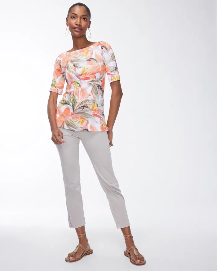 Chico039s Pima Tiger Lily Print Everyday Tee Mango Ice Women Tops