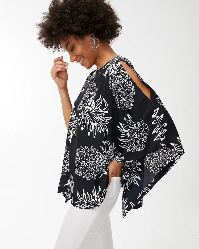 Chico039s Pineapple Print Poncho Black Women Tops
