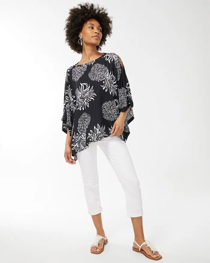 Chico039s Pineapple Print Poncho Black Women Tops