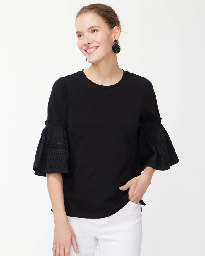 Chico039s Ruffle Trim Sleeve Top Black Women Tees