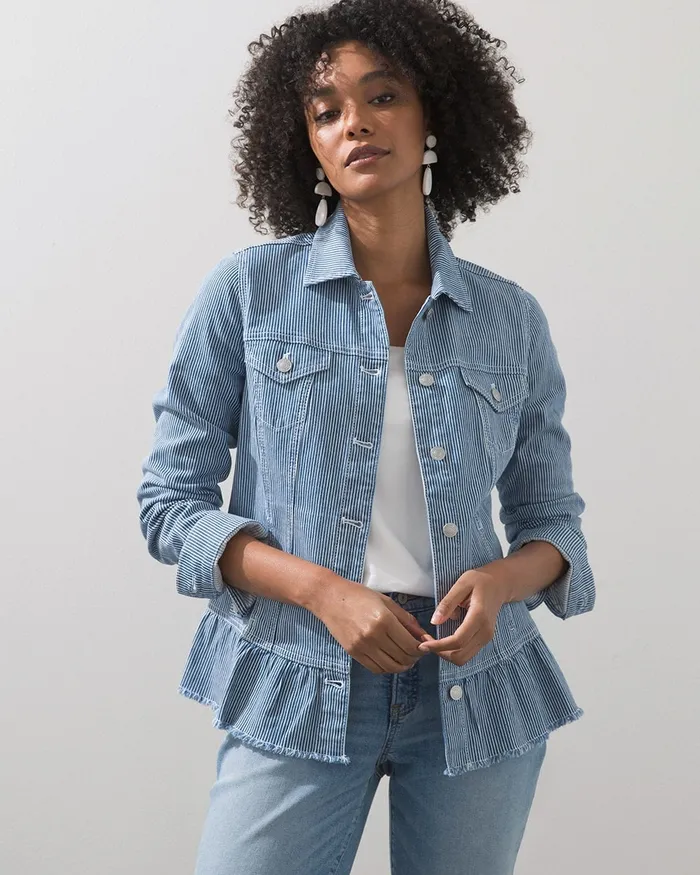 Chico039s Stripe Soft Peplum Denim Jacket Dark Indigo Stripe Women Jackets and Coats