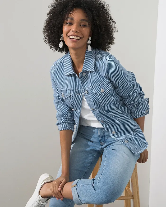 Chico039s Stripe Soft Peplum Denim Jacket Dark Indigo Stripe Women Jackets and Coats