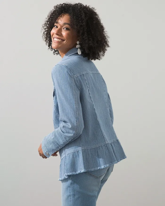 Chico039s Stripe Soft Peplum Denim Jacket Dark Indigo Stripe Women Jackets and Coats