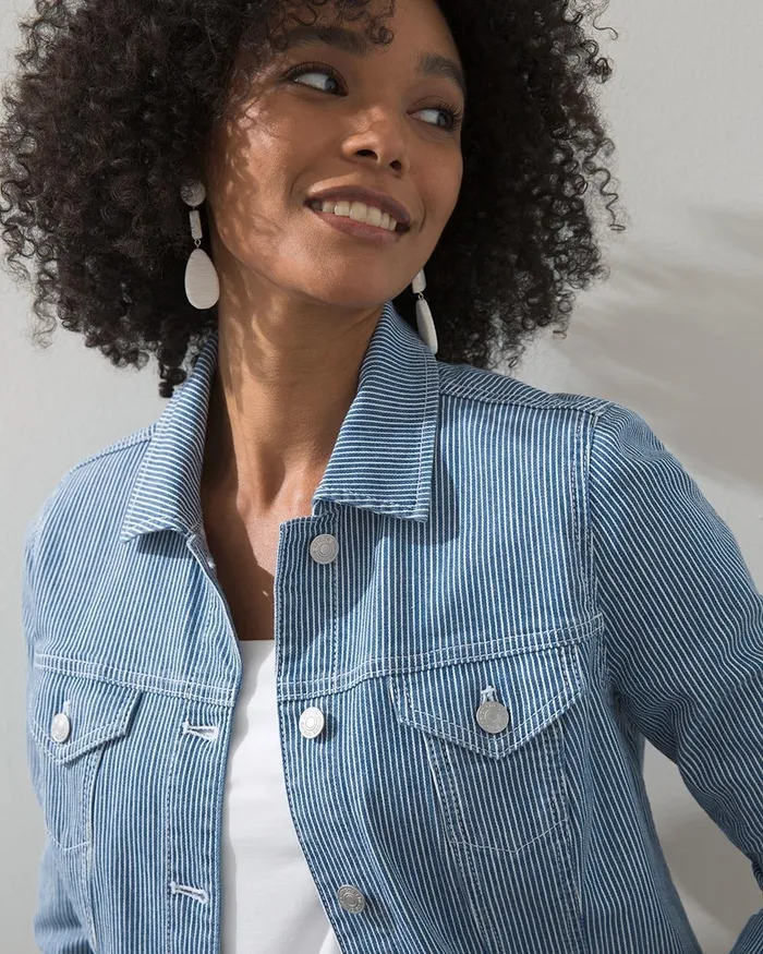 Chico039s Stripe Soft Peplum Denim Jacket Dark Indigo Stripe Women Jackets and Coats