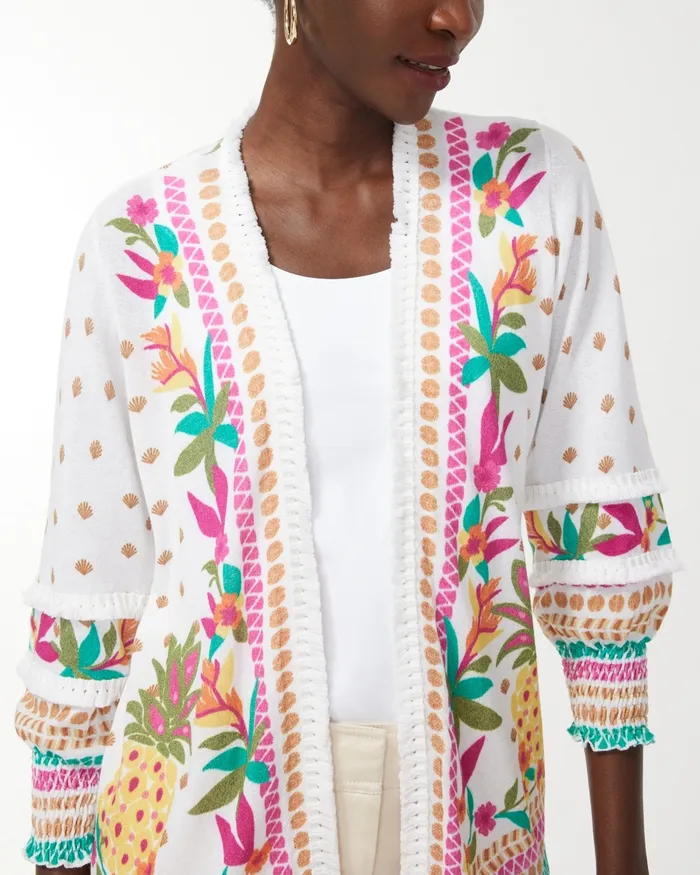 Chico039s Summer Romance Tropical Tassel Hem Cardigan Alabaster Women Sweaters