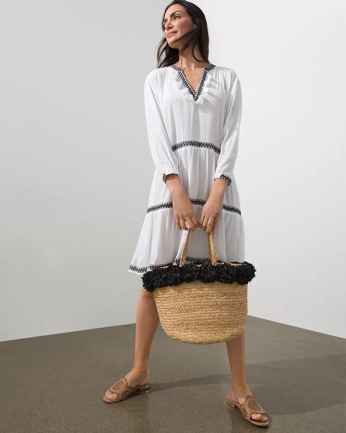 Chico039s Tassel Neck Swim Dress Coverup Alabaster Women Ponchos and Ruanas