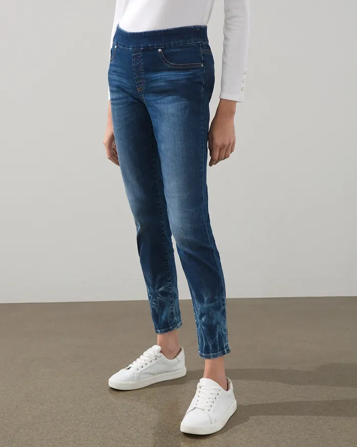 Chico039s Tie Dye Hem PullOn Ankle Jeggings Blue Glow Indigo Women Jeans and Denim