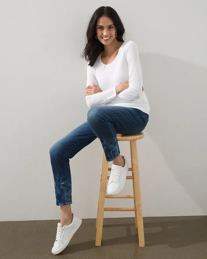 Chico039s Tie Dye Hem PullOn Ankle Jeggings Blue Glow Indigo Women Jeans and Denim