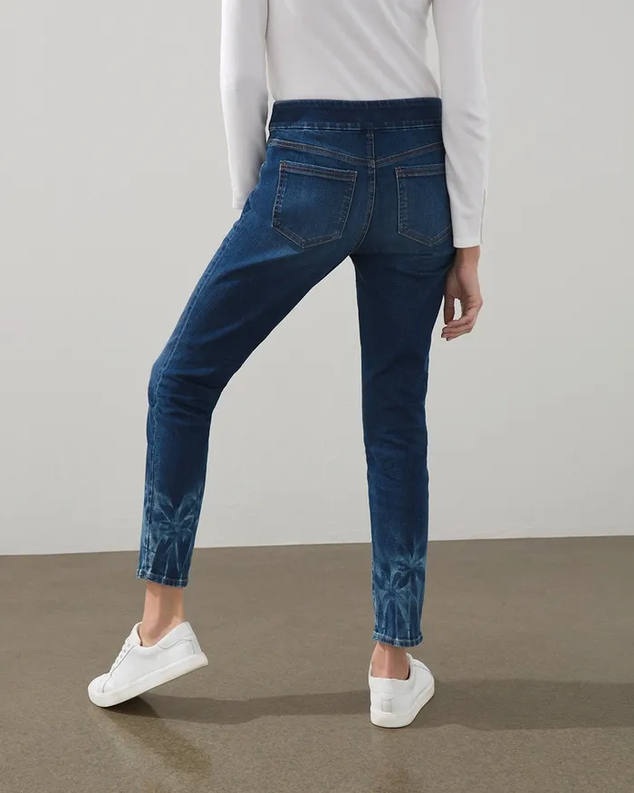 Chico039s Tie Dye Hem PullOn Ankle Jeggings Blue Glow Indigo Women Jeans and Denim