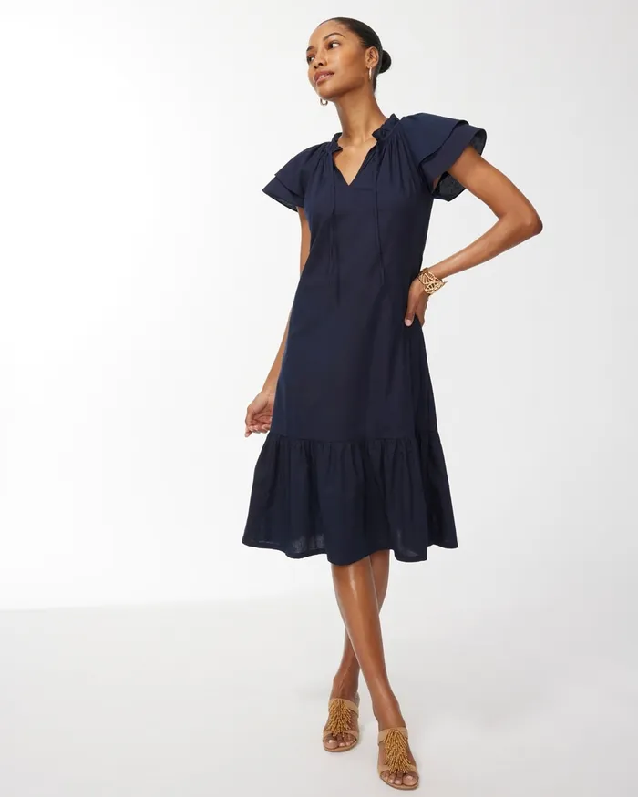 Chico039s Tiered Flutter Sleeve Midi Dress Classic Navy Women Dresses and Skirts