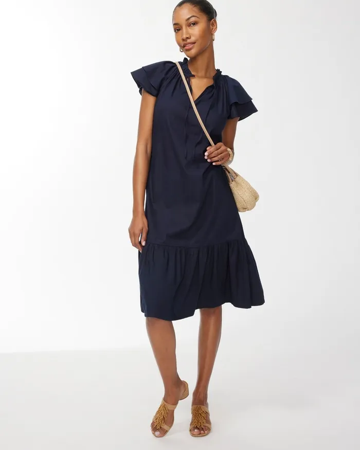 Chico039s Tiered Flutter Sleeve Midi Dress Classic Navy Women Dresses and Skirts
