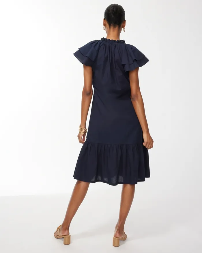 Chico039s Tiered Flutter Sleeve Midi Dress Classic Navy Women Dresses and Skirts