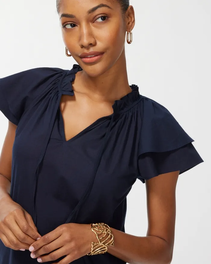 Chico039s Tiered Flutter Sleeve Midi Dress Classic Navy Women Dresses and Skirts