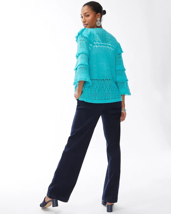 Chico039s Tiered Fringe Sleeve Cardigan Classic Navy Women Sweaters