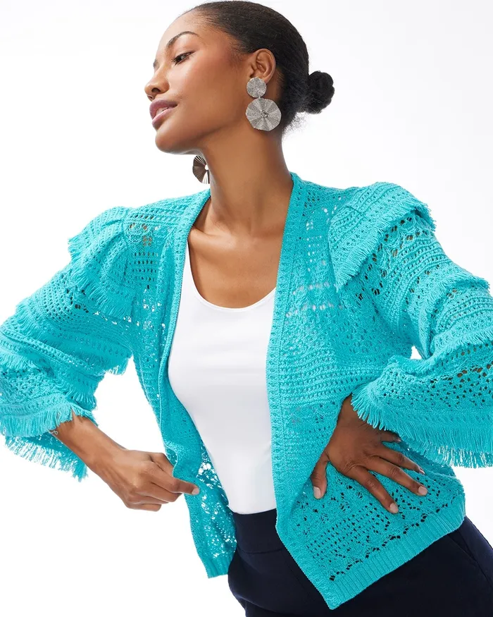 Chico039s Tiered Fringe Sleeve Cardigan Classic Navy Women Sweaters