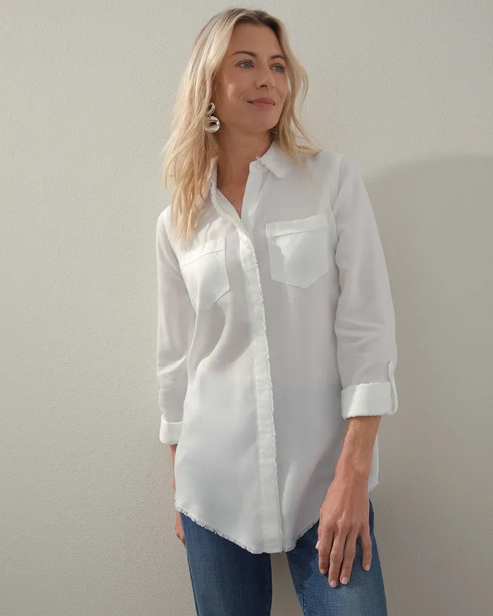 Chico039s Touch Of Cool Fringe Denim Shirt Alabaster Women Tops