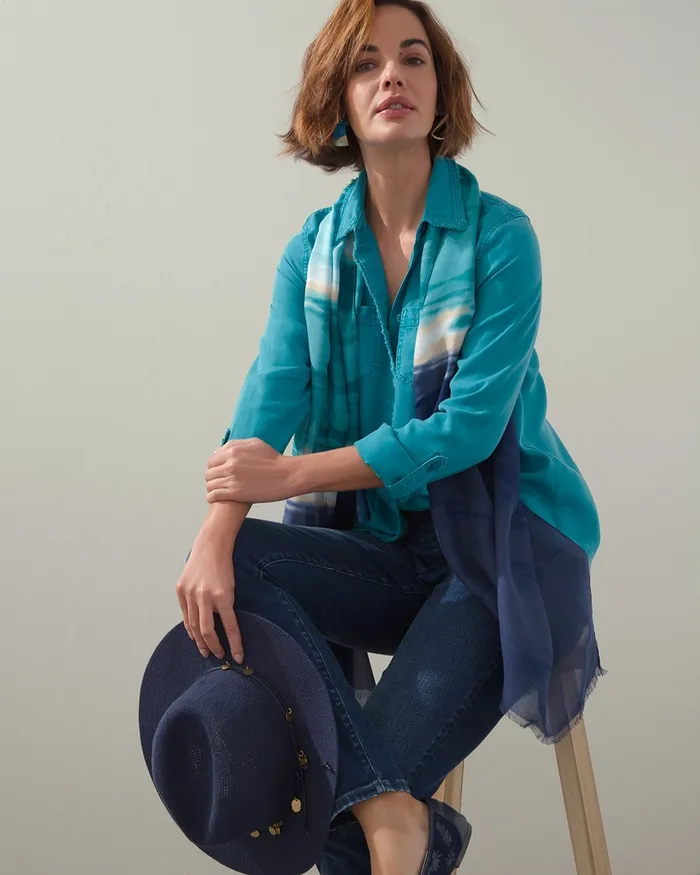 Chico039s Touch Of Cool Fringe Denim Shirt Alabaster Women Tops