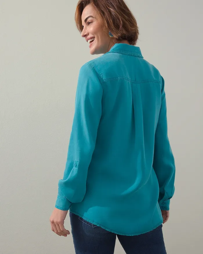 Chico039s Touch Of Cool Fringe Denim Shirt Alabaster Women Tops