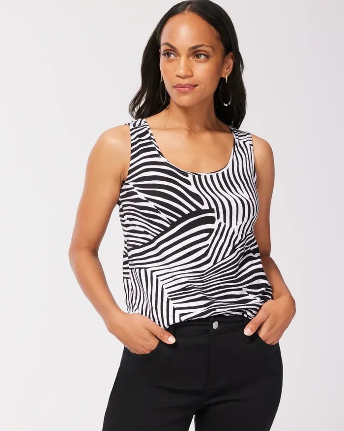 Chico039s Zebra Print Cotton Slub Tank Black Women Tees