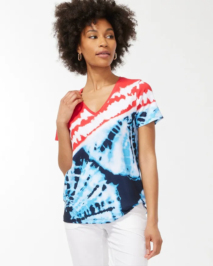 Chico039s Zenergy Red White and Blue Tee Flame Scarlet Women Tops