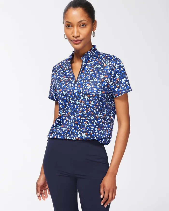 Chico039s Zenergy UPF Dots Ruffle Neck Polo Blue Grotto Women Tops