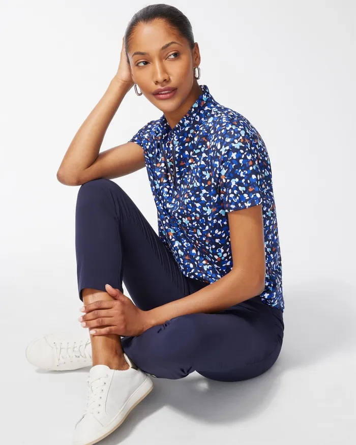 Chico039s Zenergy UPF Dots Ruffle Neck Polo Blue Grotto Women Tops