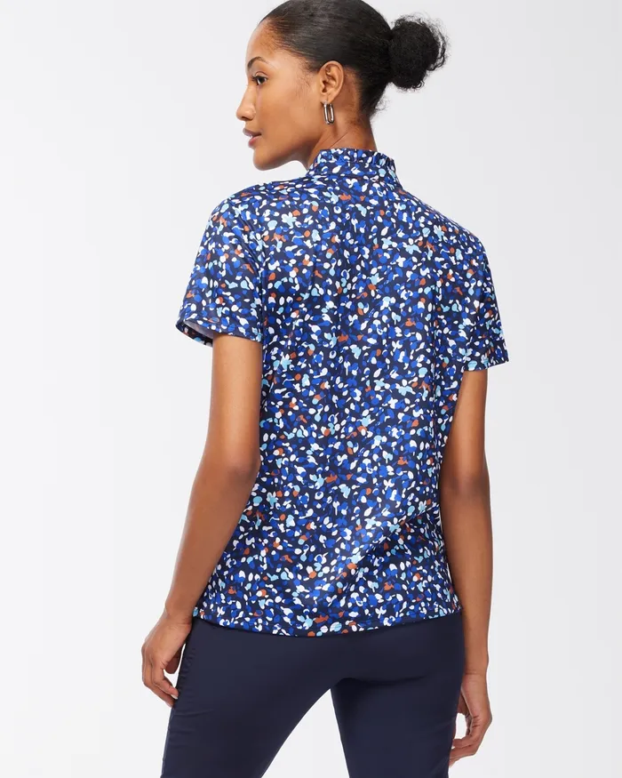 Chico039s Zenergy UPF Dots Ruffle Neck Polo Blue Grotto Women Tops