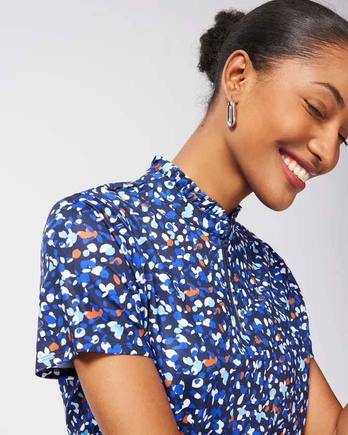 Chico039s Zenergy UPF Dots Ruffle Neck Polo Blue Grotto Women Tops