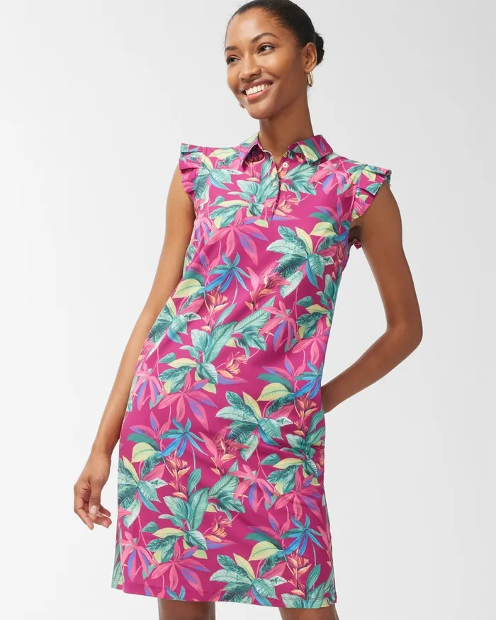 Chico039s Zenergy UPF Neema Floral Ruffle Dress Botanic Berry Women Activewear
