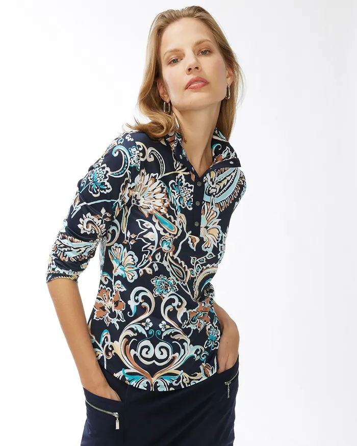Chico039s Zenergy UPF Snaps Long Sleeve Polo Classic Navy Women Activewear