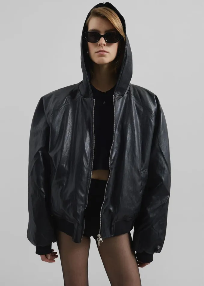 Clothing Women The Frankie Shop Burnaby Faux Leather ZipUp Hoodie 8211 Black