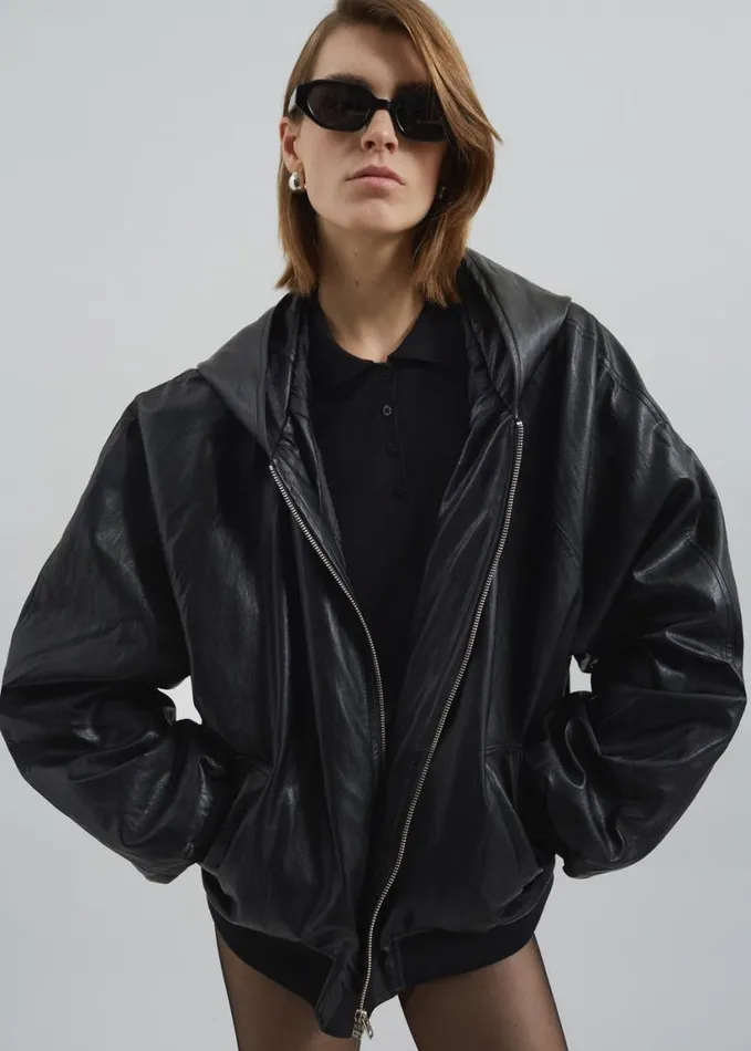Clothing Women The Frankie Shop Burnaby Faux Leather ZipUp Hoodie 8211 Black