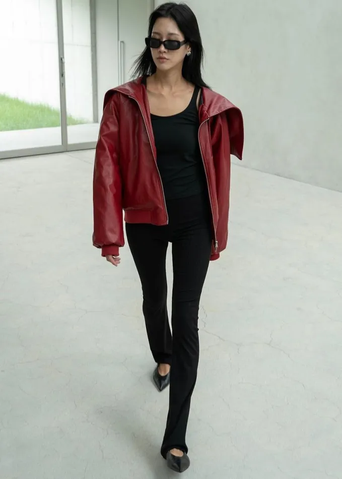 Clothing Women The Frankie Shop Burnaby Faux Leather ZipUp Hoodie 8211 Red