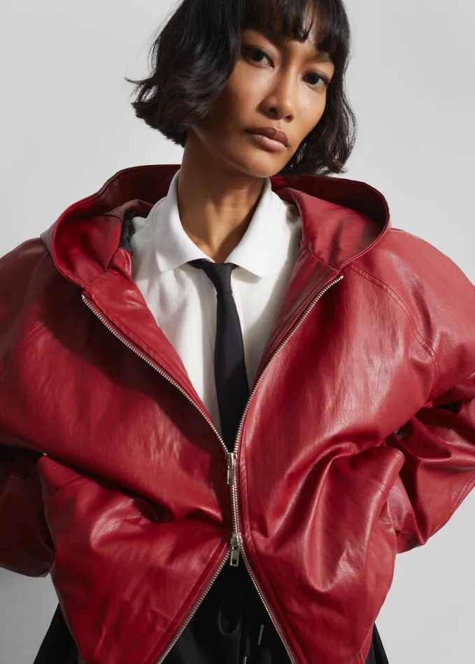 Clothing Women The Frankie Shop Burnaby Faux Leather ZipUp Hoodie 8211 Red