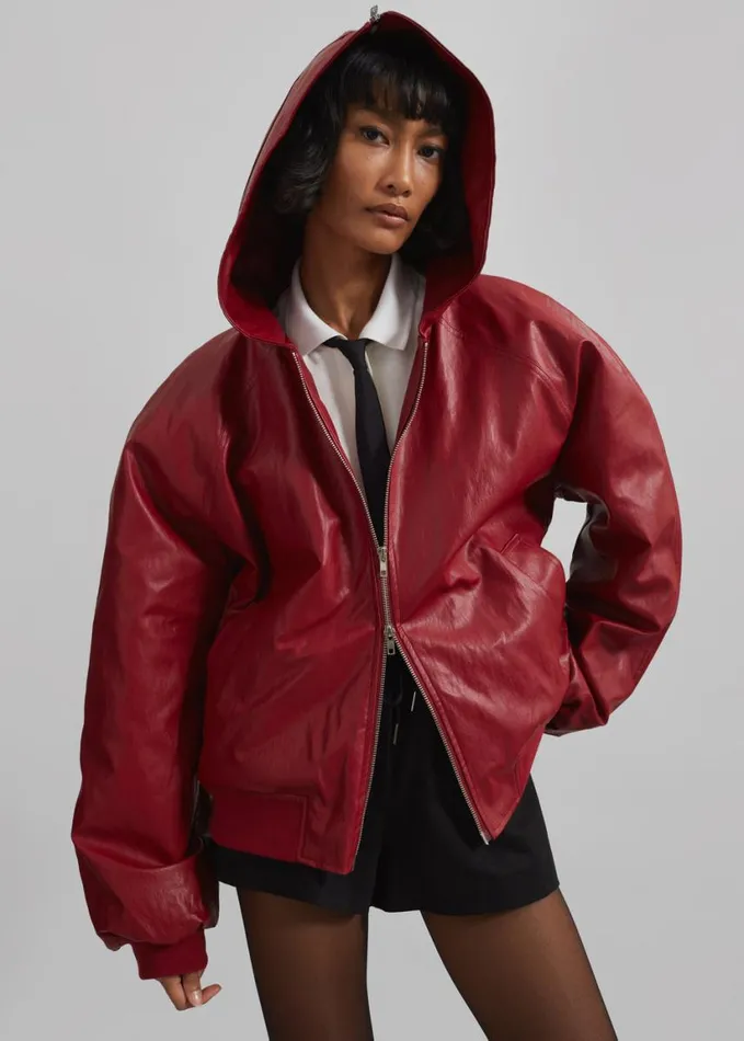 Clothing Women The Frankie Shop Burnaby Faux Leather ZipUp Hoodie 8211 Red