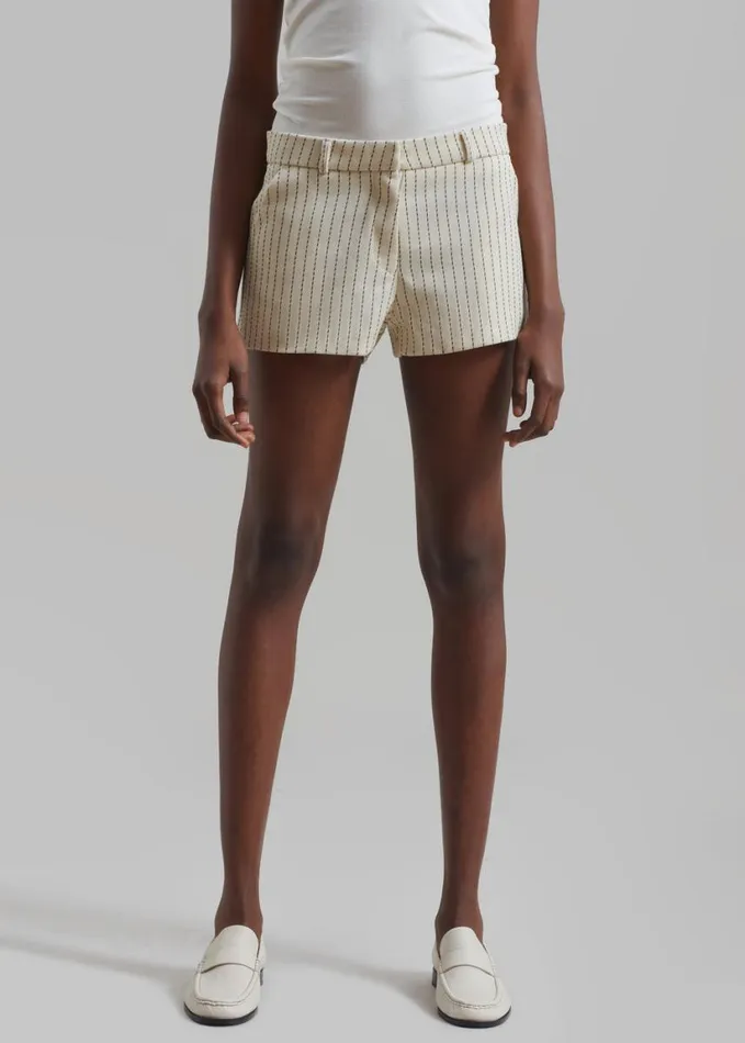 Clothing Women The Frankie Shop Kate Twill Mini Shorts 8211 Light BeigeBlack Pinstripe