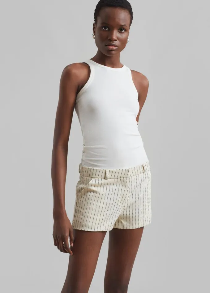 Clothing Women The Frankie Shop Kate Twill Mini Shorts 8211 Light BeigeBlack Pinstripe